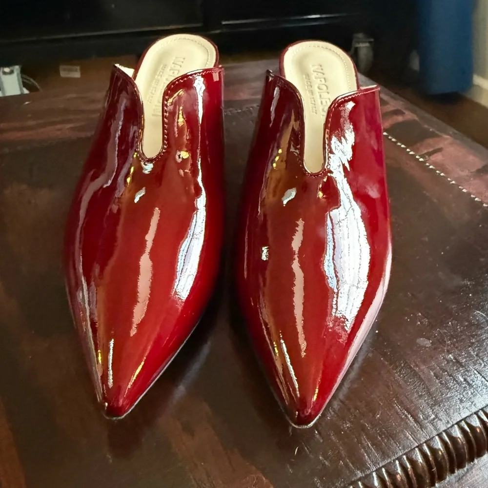 Napoleoni Red Patent Leather Mules Pointed Toe Kitten Heel Size 39 Made in Italy - Picture 3 of 14
